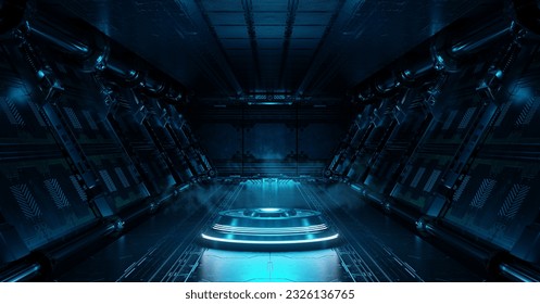 Blue spaceship interior with illuminated projector. Futuristic corridor in space station with glowing neon lights background. 3d rendering