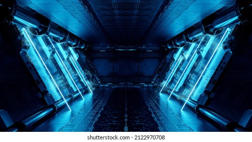 Blue Spaceship Interior With Neon Lights On Panel Walls. Futuristic Modern Corridor In Space Station Background. 3d Rendering