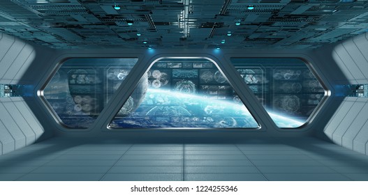 Blue Spaceship Interior In Space With Control Panel Screens 3D Rendering