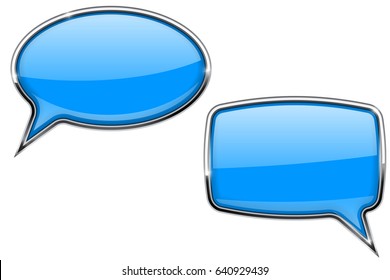 Blue Speech Bubbles. Round And Square Icons With Chrome Frame. 3d Illustration Isolated On White Background. Raster Version