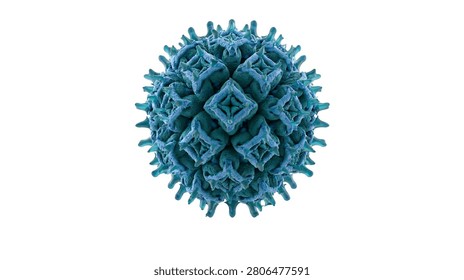 Blue spherical virus particle with complex geometric protein spikes