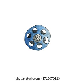 Blue Spool Bobbin Reel With Magneric Tape Film Isolated On White Background. Watercolor Illustration In Cartoon Style. Concept Of Retro Cinema, Movie Watching, Music Listening, Leisure