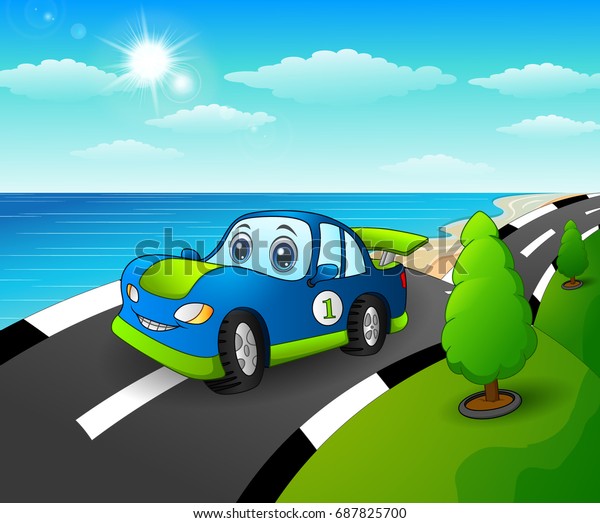 Blue sport car in the\
seaside road