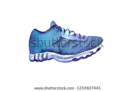 Blue sport running shoe. Watercolor illustration