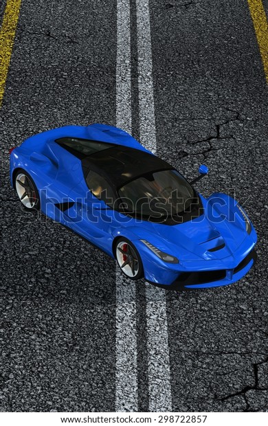 blue Sports Car on street\
top view