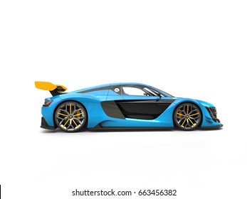 Blue Sports Car With Yellow Spoiler Wing - Side View - 3D Illustration