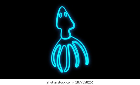 Blue Squid Neon Logo Icon Illustration. Emblem, Neon Signboard For Restaurant, Cafe With Seafood. Glowing Banner, A Template For Your Projects.