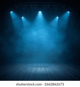 blue stage background, dramatic spotlight scene, misty theater light, foggy concert stage, ambient light beams, cinematic lighting atmosphere, reflective stage floor, volumetric light rays, fog effect