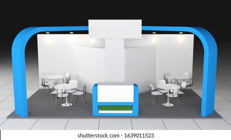 blue stand or booth in a tradeshow. 3d render mockup
