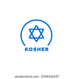Blue star of david featuring inside circular frame, below is the word kosher in capital letters.