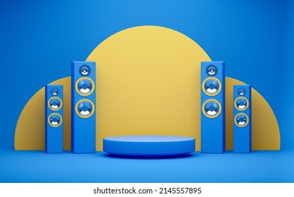 Blue Stereo Speakers With Podium On Yellow Background. Minimalist Concept. Online News With Loudspeaker. Social Media Promotion. Listening To Music.  3d Render 