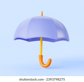 Blue stick umbrella 3d render icon. Protection symbol, safety sign, mock up open parasol with wooden handle, rain or sun protect badge, graphic design element in cartoon plastic style. 3D Illustration