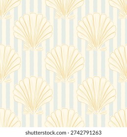 Blue Stripe Seashell Seamless Pattern, Coastal Nautical Shell Print, Soft Pastel Beach Design, Mediterranean Marine Digital Paper, Elegant Ocean Inspired Fabric Pattern for Wallpaper, Textile, Wrapping Paper, Scrapbooking, Nursery Decor