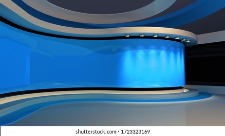 Blue Studio. Blue backdrop. News studio. The perfect backdrop for any green screen or chroma key video or photo production. Breaking news. 3d rendering. 