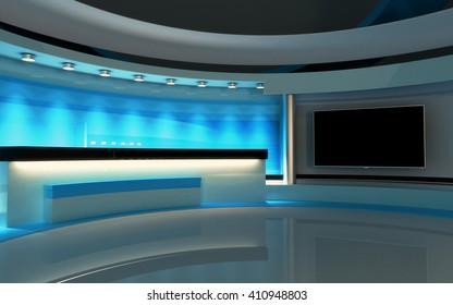 Blue Studio. Tv Studio. News Studio. The Perfect Backdrop For Any Green Screen Or Chroma Key Video Or Photo Production. 3d Render. 3d Visualisation