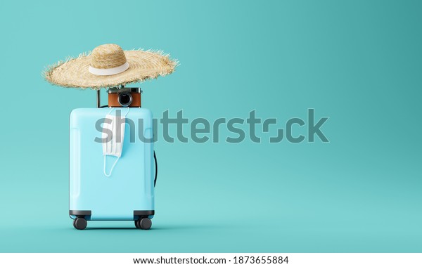 blue suitcase with face mask and travel\
accessories  on blue background. 3d\
rendering	\
