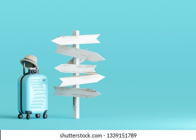 Blue suitcase and hat, camera with signpost on pastel blue background. travel concept. 3d rendering