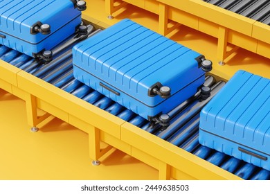 Blue suitcases on a conveyor belt, digital illustration, against a yellow background, concept of travel and baggage handling, 3D Rendering - Powered by Shutterstock