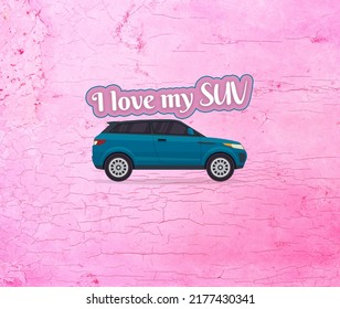 Blue SUV Car Illustration On Pink Textured Background - I Love My SUV  - Car Lover Background - Screensaver - Wallpaper