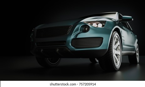 Blue Suv Car In Studio Photography. 3d Rendering And Illustration.