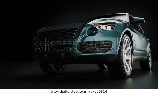 Blue suv car in studio photography. 3d\
rendering and\
illustration.
