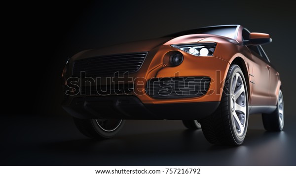 Blue suv car in studio photography. 3d\
rendering and\
illustration.