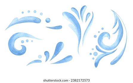 Blue swirl decorative border hand painted watercolor. Decorative element for frame, border, stationery greeting card, home decor, kitchen and more. Monochrome in indigo, blue, cobalt
