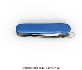 Blue Swiss Army Knife On White Background, Ideal For Digital And Print Design.