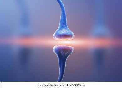 Blue Synapse And Neuron In The Human Nervous System. 3d Rendering