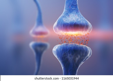 Blue synapse and neuron on a blue background. 3d rendering