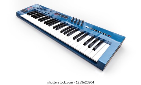 Blue Synthesizer MIDI Keyboard On White Background. Synth Keys Close-up. 3d Rendering.