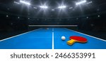 Blue table tennis with bats and white ball inside a modern sports arena illuminated with shining spotlights as sports 3D background illustration for professional advertising.