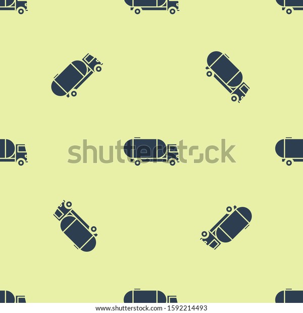 Blue Tanker truck icon isolated seamless pattern on\
yellow background. Petroleum tanker, petrol truck, cistern, oil\
trailer.  