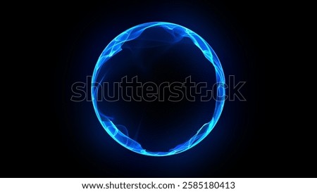Blue technology 3d sphere of glowing particles and energy waves. Future technology, science, and artificial intelligence background. Big data, AI virtual assistant. Futuristic digital 3d orb. 