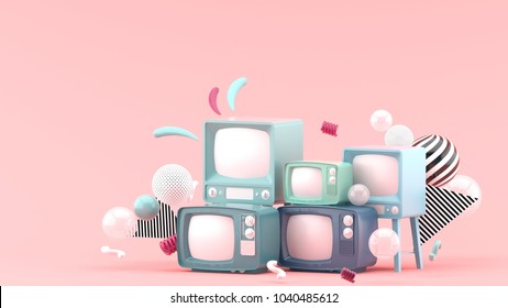 blue television among the colorful balls the pink background   3d render 