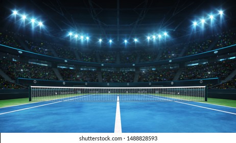 Blue tennis court and illuminated indoor arena with fans, player front view, professional tennis sport 3d illustration background