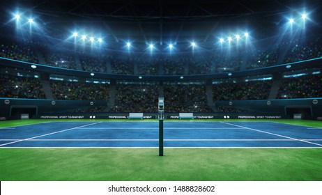 Blue tennis court and illuminated indoor arena with fans, referee side view, professional tennis sport 3d illustration background - Powered by Shutterstock