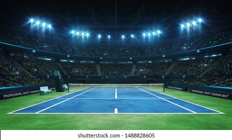 Blue tennis court and illuminated indoor arena with fans, upper front view, professional tennis sport 3d illustration background