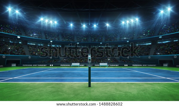 青いテニスコートとファンで室内アリーナを照らし レフェリー側面図