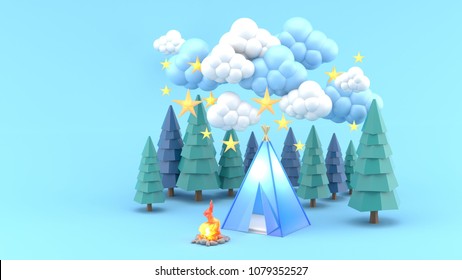 A Blue Tent In A Pine Forest Surrounded By Clouds And Stars.-3d Render.
