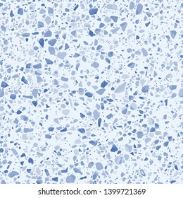 Blue terrazzo flooring seamless pattern. Raster texture of mosaic floor with natural blue stones, granite, marble, quartzite. Trendy repeat design for ceramic, home decor, wallpapers, print, rendering