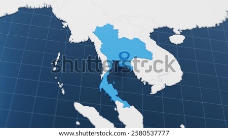 Blue Thailand 3d map with pointer pin surrounded with other countries in white.Political map with borders. 3d render illustration. 3D Illustration