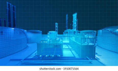  Blue theme digital wireframe scan view from infrarad camera high angle view building scan in the dark in oil refinery factory building , 3D rendering for background composite.