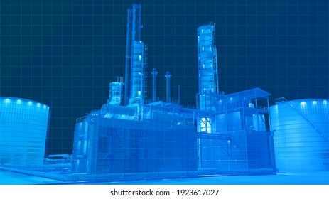 Blue theme digital wireframe scan view from infrarad camera view building scan in the dark in oil refinery factory building , 3D rendering for background composite.