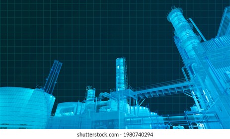 Blue theme digital wireframe scan view from infrarad camera exterior night view oil refinery factory building , 3D rendering for background sci fi composite.