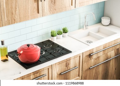 Blue Tile Kitchen Interior With Wooden Countertops And Cabinets, A Red Cooking Pot And Several Potted Plants. Top View. 3d Rendering Mock Up