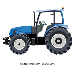 Blue Tractor A Side View On White Background