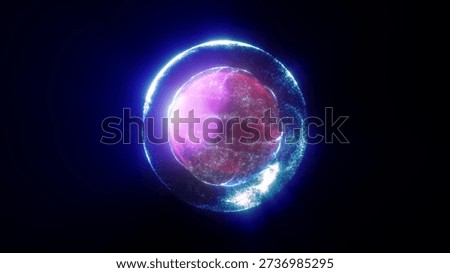 Blue transparent bubble orb with a pink particle swirl and neon glow on a dark background.