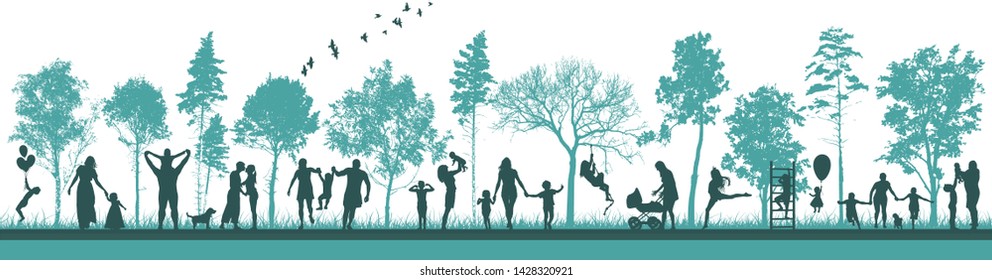 Blue trees in the park. Silhouettes of people walking in nature. Family in the forest.
Raster illustration