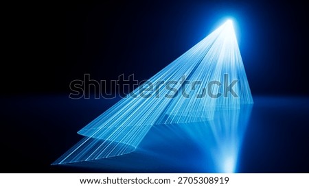 Blue triangular cone of laser beams and reflections create a volumetric light environment. 3D render illustration.